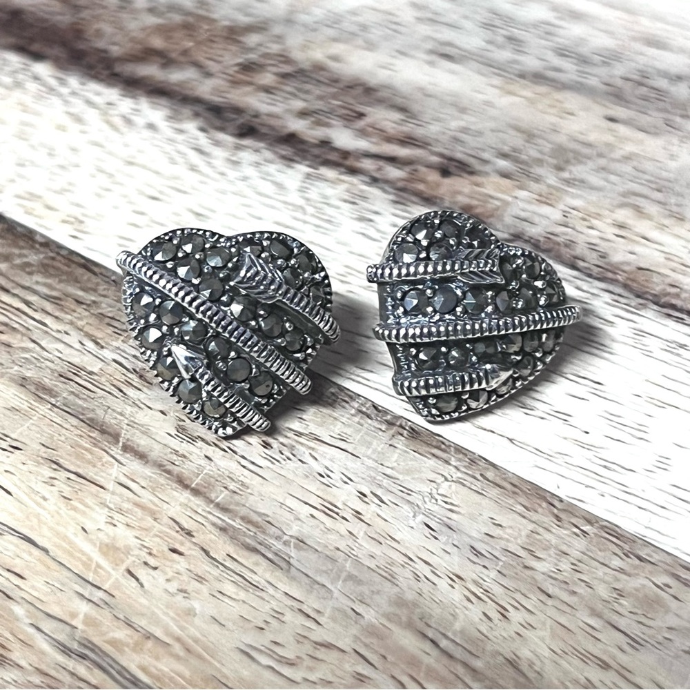 Intricate Marcasite Sterling Silver Heart Earrings